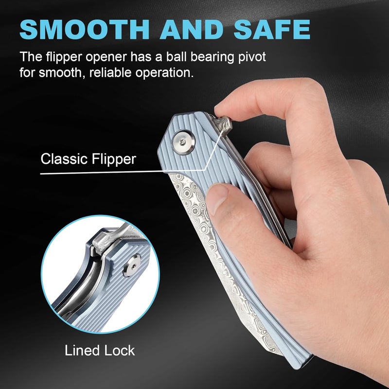 Zingbee Damascus Pocket Knife 3.46" Damascus Steel Blade EDC Pocket Knives & Folding Knives for Men Women Blue Non-Slip Handle - Image 5